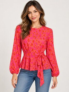 Scoop XS Pink Orange Leopard Print Long Sleeve Tie Waist Peplum Blouse